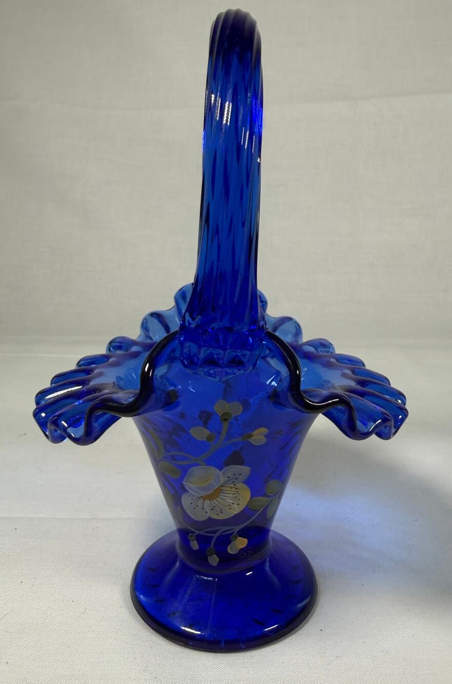 Fenton Cobalt Blue Glass Basket Hand Painted S Smith Ruffled Edge Original Tag